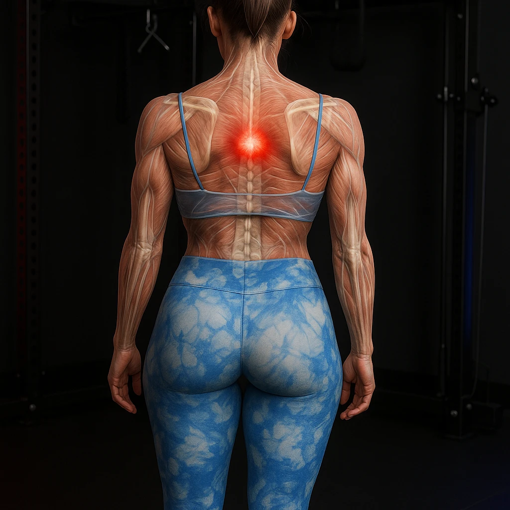 Anatomical hyperrealistic 4K view of a woman from the back in a gym environment, showing a muscle contracture as a clearly visible knot at the center of the upper back muscles, translucent muscles and skin, with a red halo. emoji