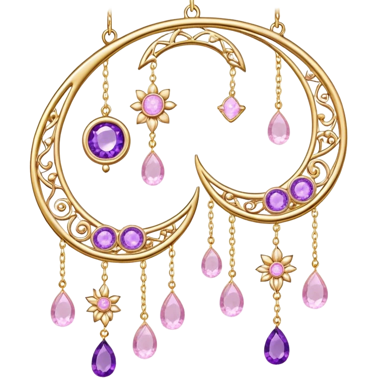 Epic Hanging gold suncatcher, threads with shiny sparkly amethyst and rose-quartz gemstones, flowers, crescents-moons emoji