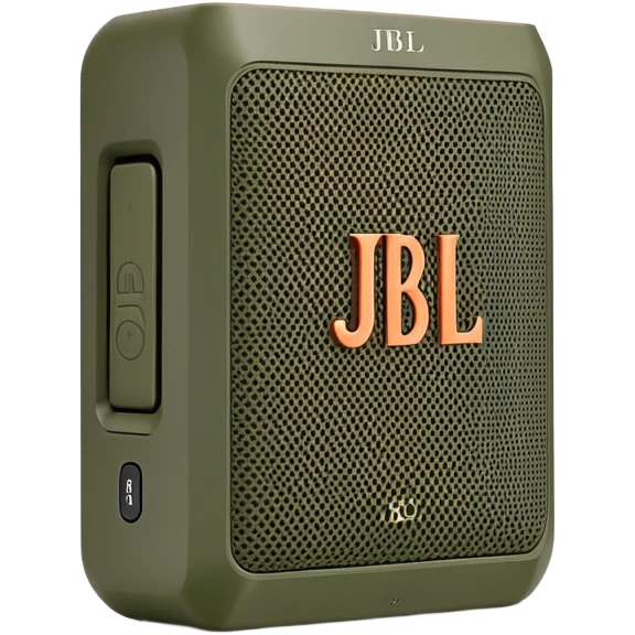 JBL Go 4 portable speaker in khaki green color, compact rectangular shape with rounded corners, front view showing speaker grill and JBL logo emoji