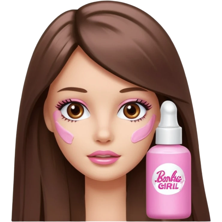 Barbie girl a brown long Straight hair and brown eyes is In pale pink smears by hand cosmetic cream on her face emoji