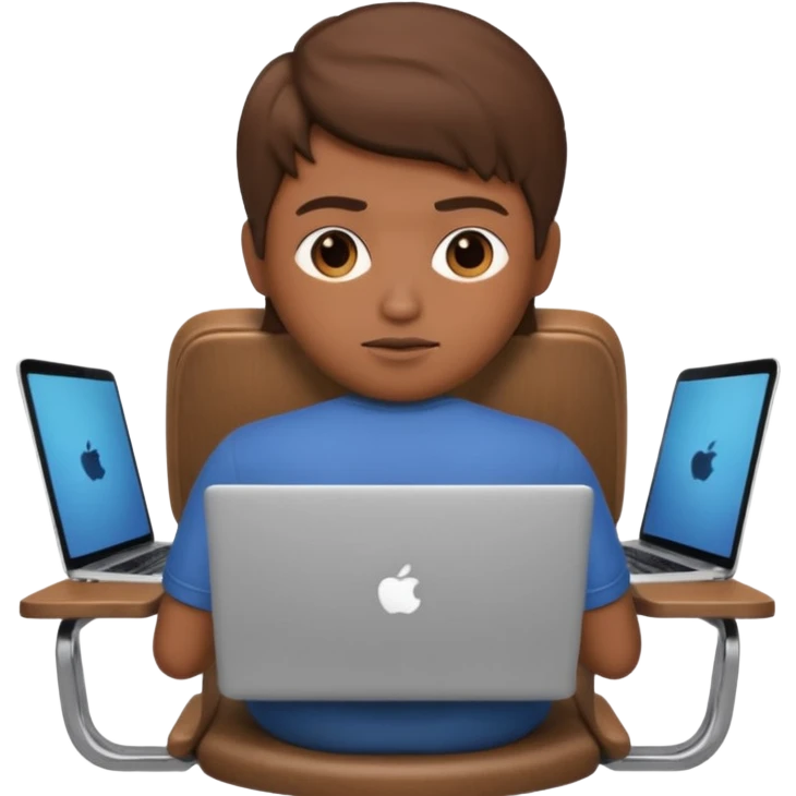 Memoji sitting on a chair from behind (pnly hair and back of the chair shown) focusing on laptop  emoji