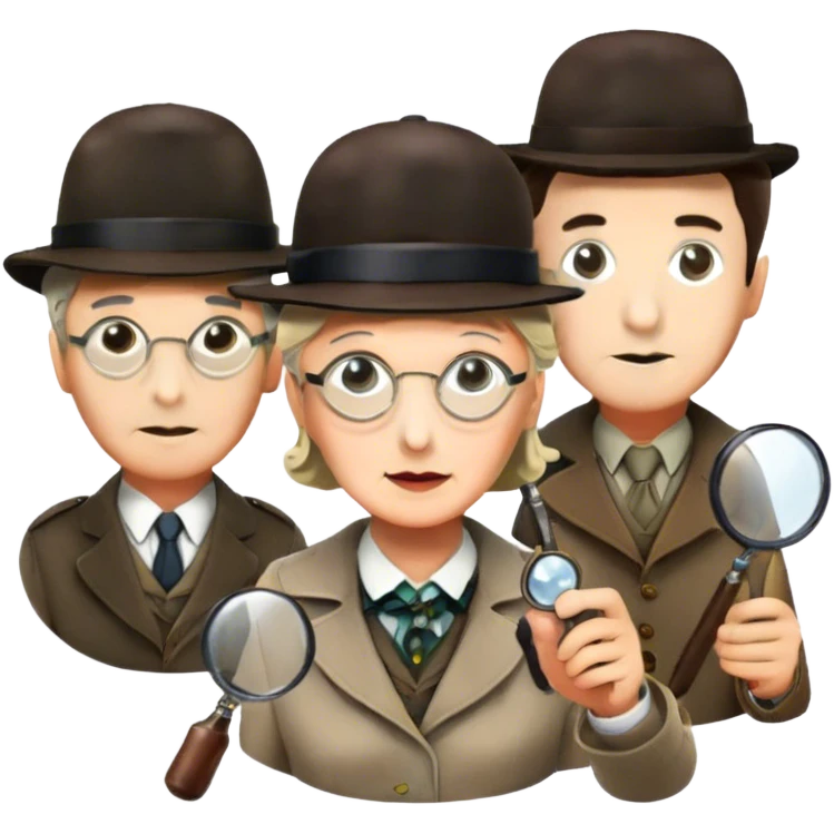 Icon for Detective Movies: A colorful collage with Sherlock Holmes, Miss Marple, and Pinkerton. Include magnifying glasses, clues, detective tools, a criminal and a policeman in the background. The design should evoke mystery and intrigue, with a classic detective movie feel. Transparent background. emoji