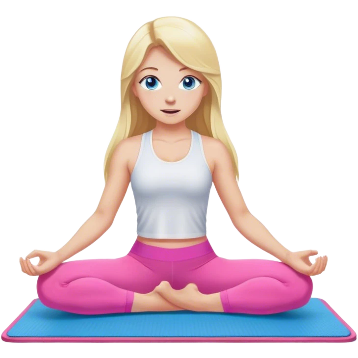 A cinematically realistic blonde with long hair and blue eyes, dressed in a white top and pink leggings, performs a sports exercise on a mat emoji