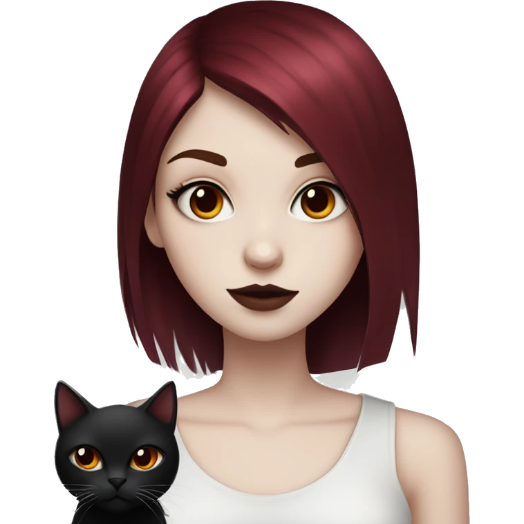 Pale girl with black eyeshadow and burgundy red colored hair with an emo haircut that’s long and layered holding a black cat emoji