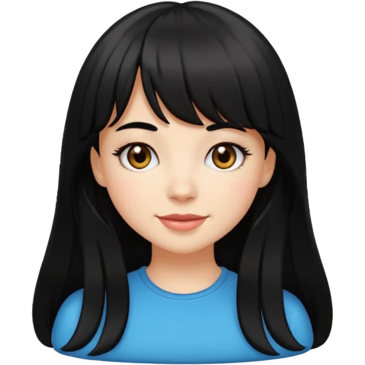 pretty white girl with long black hair and thick bangs, very dark brown eyes, cheerful and cute, emoji style emoji