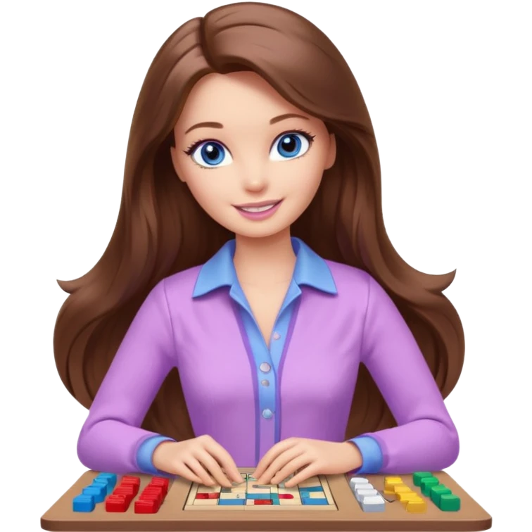 beautiful barbie girl with long brown hair, blue eyes and wearing light purple clothes playing board games emoji
