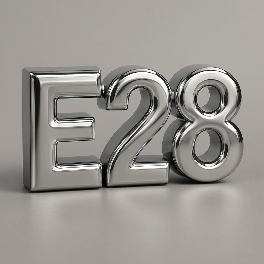 3D chrome letter 'E28' with a reflective surface emoji