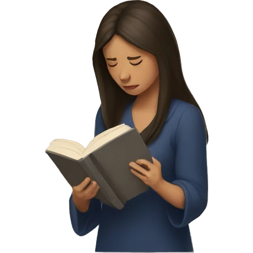 brunette long hair woman crying while holding and reading book emoji