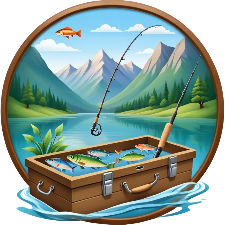 Icon for Fishing Travel: a boat on a calm lake surrounded by mountains and lush greenery, with fish jumping out of the water, a fishing rod, tackle box. The icon should capture the peaceful and adventurous nature of fishing trips. Transparent background. emoji