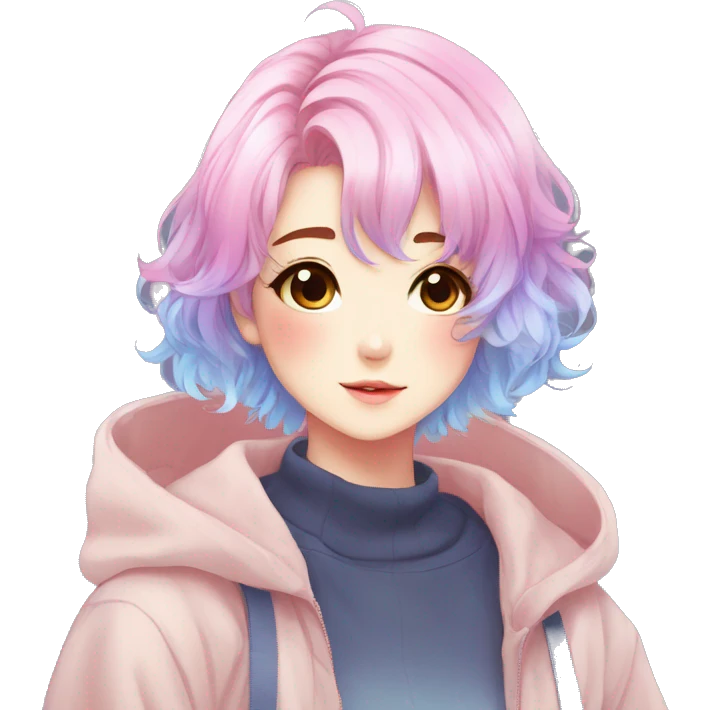 Gorgeous anime style shojo character with blushing face aesthetic and pretty colorful shiny gradient pastel hair trending style emoji