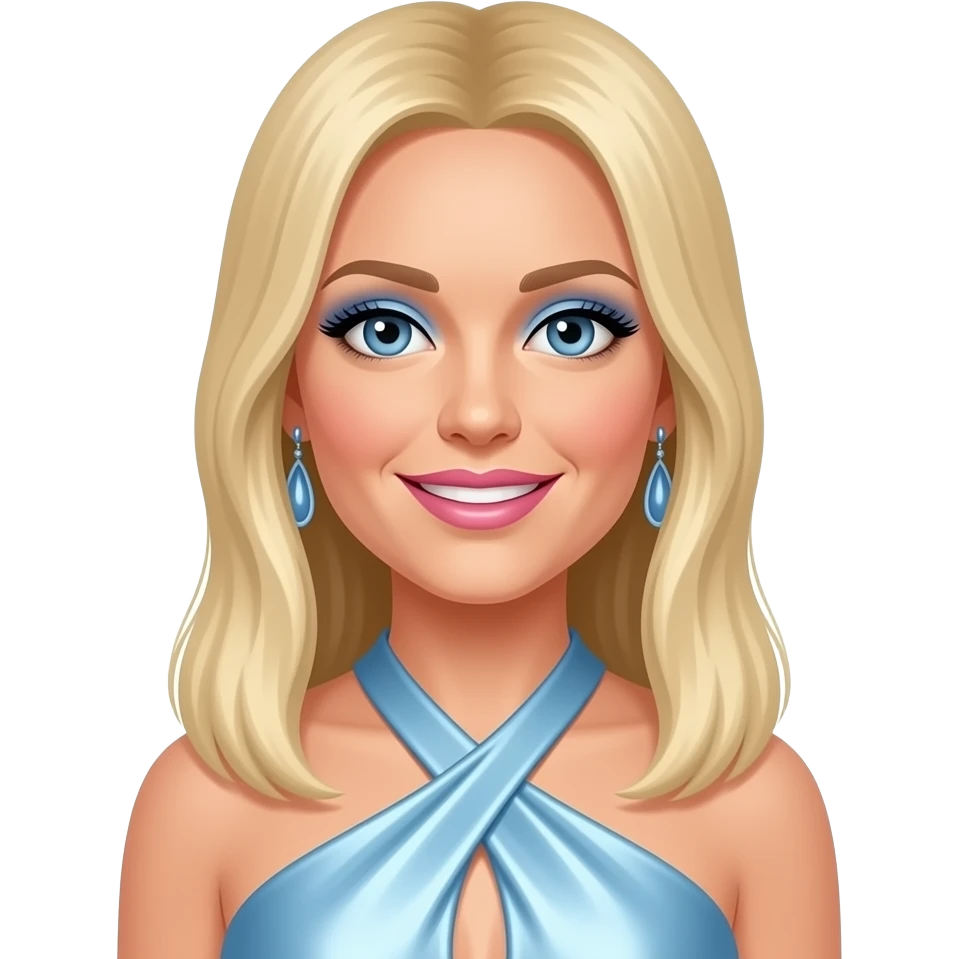 Agnetha Fältskog from ABBA with blue eyes, long straight blonde hair, blue eyeshadow, pink lipstick, baby blue metallic halter dress, blue earrings emoji