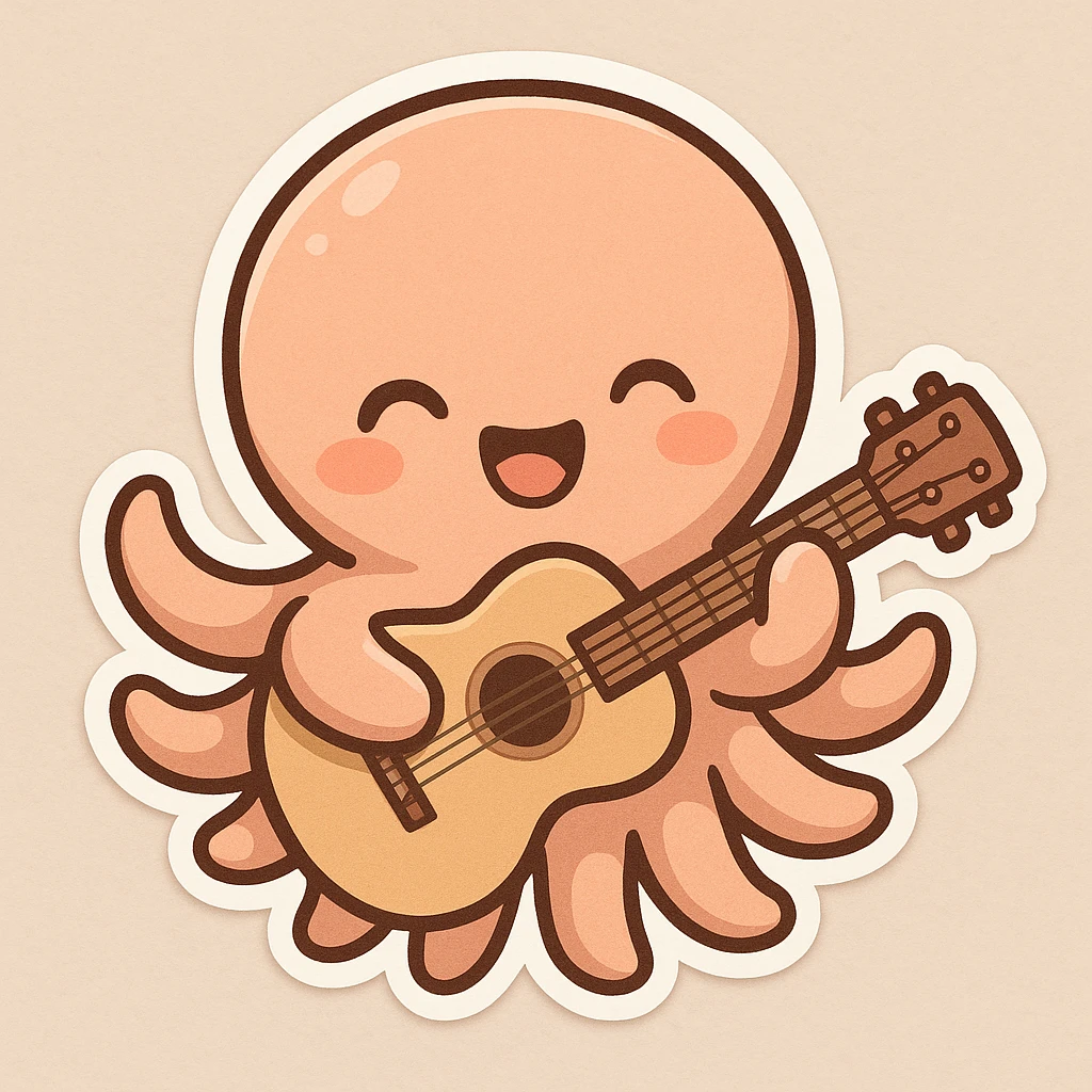 happy octopus with multiple arms playing guitar emoji