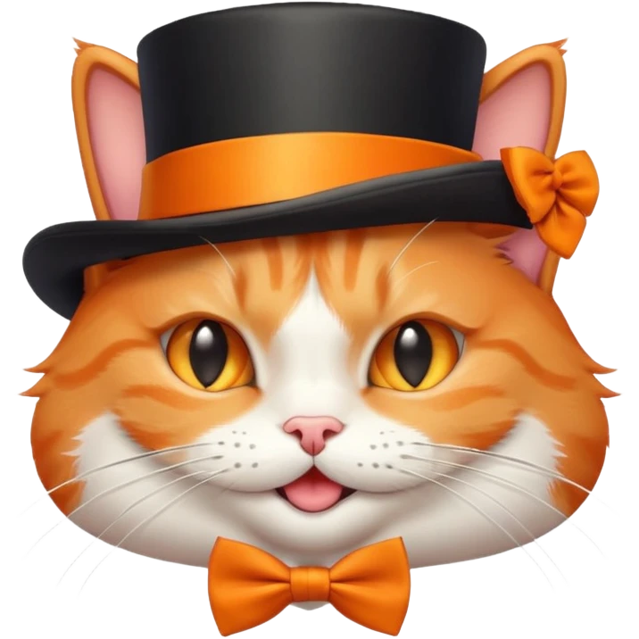 playful orange cat in a top hat and bow tie, winking emoji