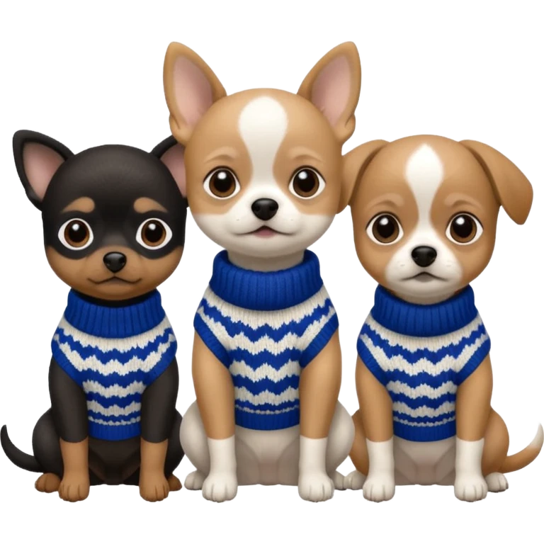 3 cagnolini seduti  in bianco e nero con vestitini in maglia emoji