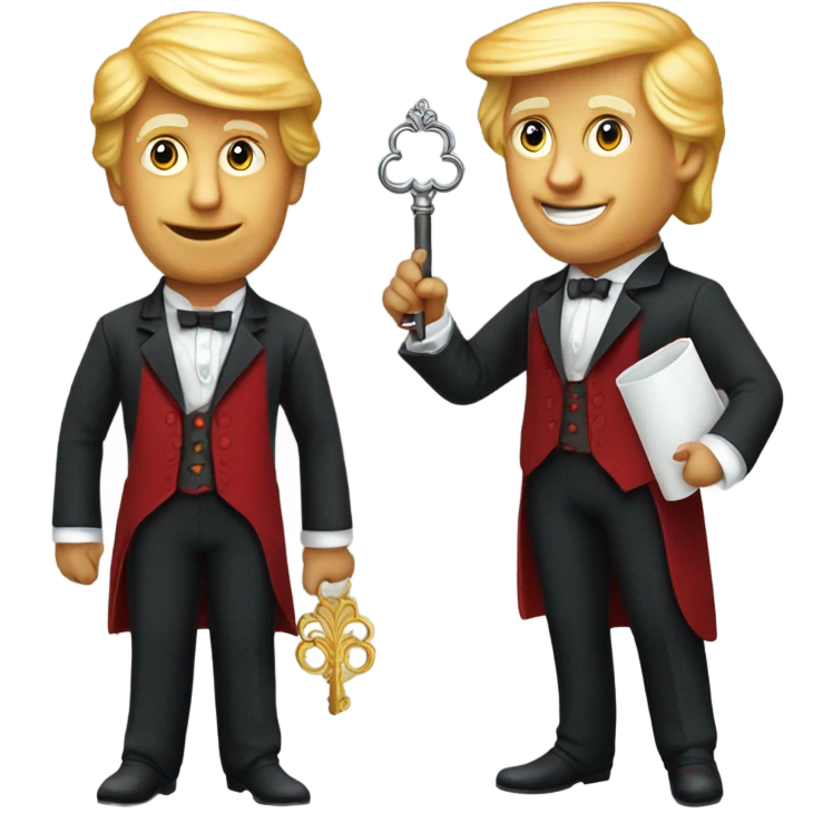 trump waiter Victorian dress elegant red full body, holding big key emoji
