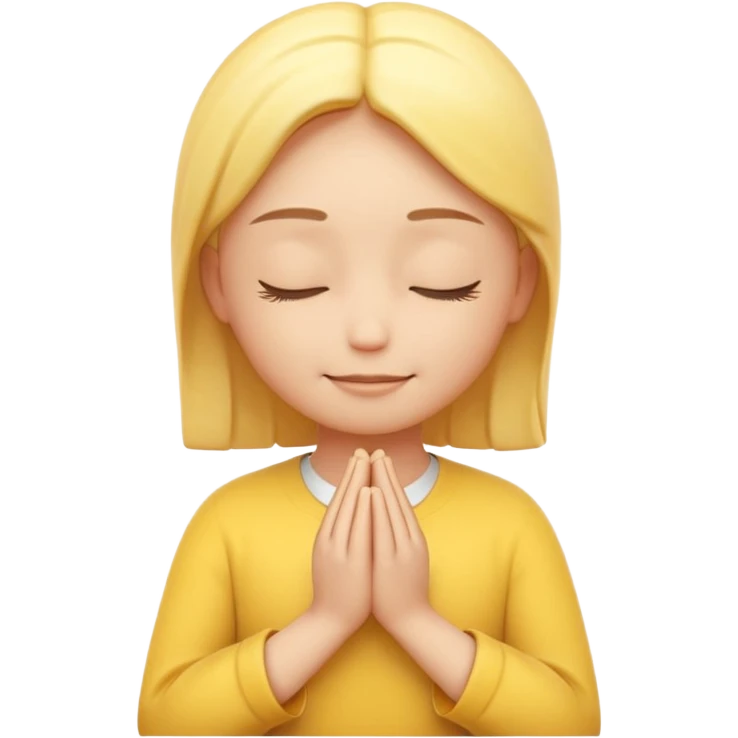 A 3D Apple-style yellow round emoji, calm and patient expression, closed eyes with a gentle smile, hands together in front as if waiting or praying, soft relaxed eyebrows, subtle glow around the head to symbolize patience, clean minimal background emoji