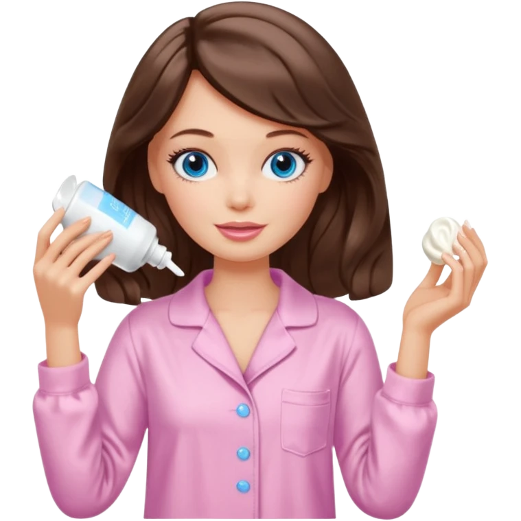 Barbie girl with makeup, blue eyes , and bob long haircut wavy, short brown hair in creamy color pajamas, face cream in hand emoji