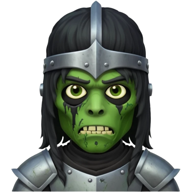A black male with long black rough hair wearing a knight helmet with green zombie skin  emoji