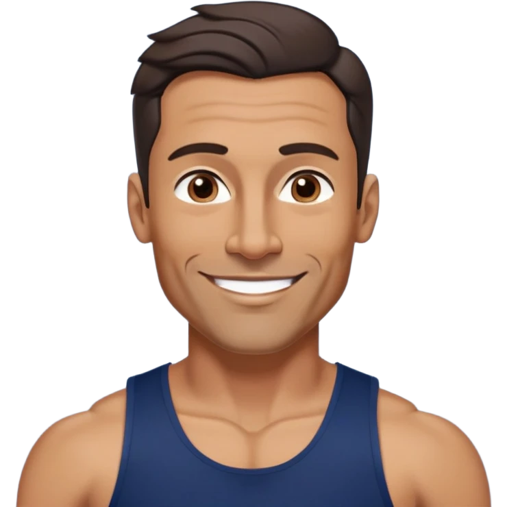 Athletic 40-year-old man with tanned light brown skin. Elongated face with defined jawline. Confident smile. Medium dark eyes, arched eyebrows. Straight nose. Wavy dark hair in a modern cut. Wearing a navy blue tank top showing fit physique. emoji