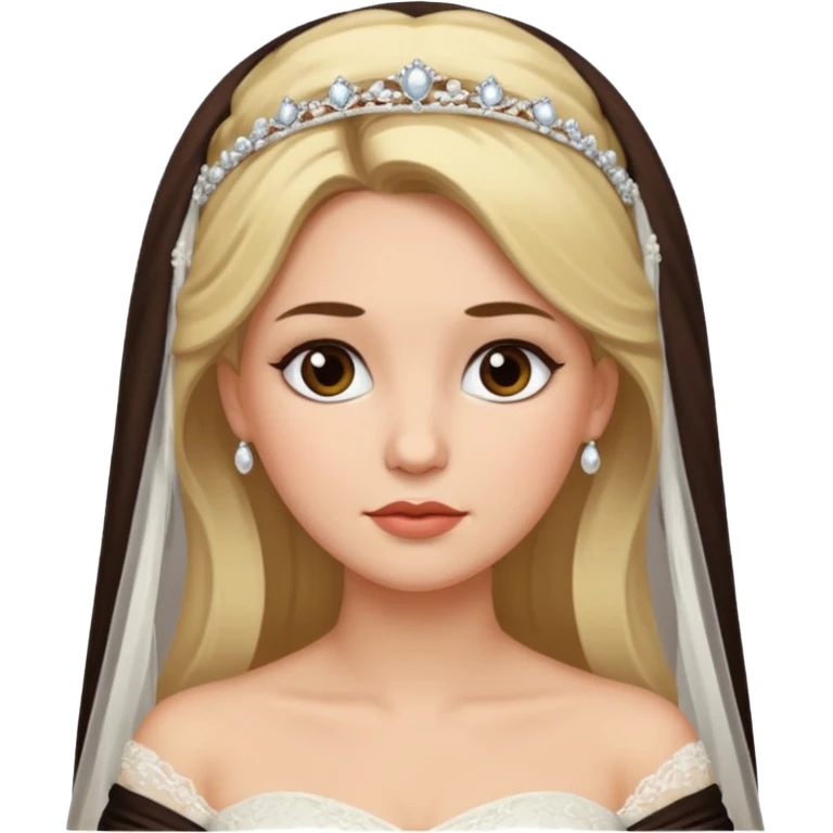 White tanned skin bride with dark brown hair mixed with blonde with a chin on her face emoji