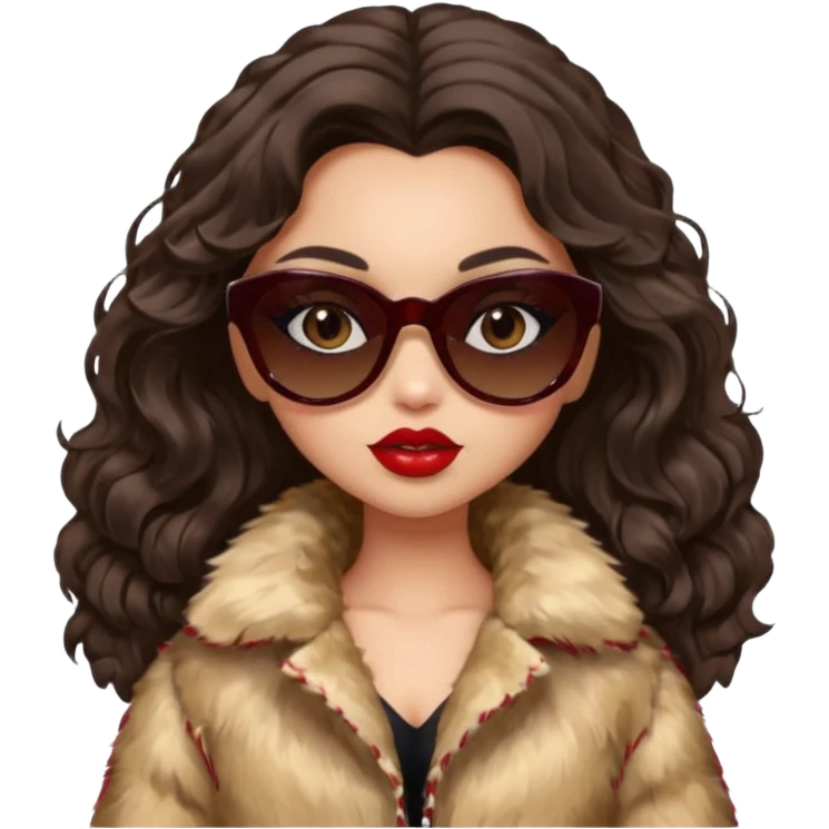 generate a pretty fair bratz girl with dark brown eyes, dark brown wavy hair, beige fur coat, black sunglasses, red lipstick. RICH emoji