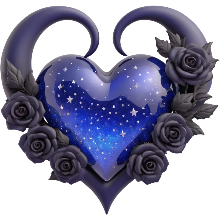 gothic heart, midnight blue glass, silver crescent moon, tiny black roses, shimmering stardust, with a starry sparkle effect emoji