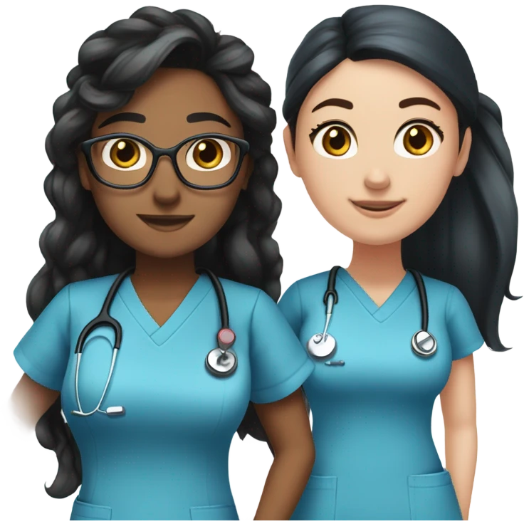 Best friend nurses in blue scrubs one has glasses and long black hair in a pony tails, the other has long dark brown hair and  freckles emoji
