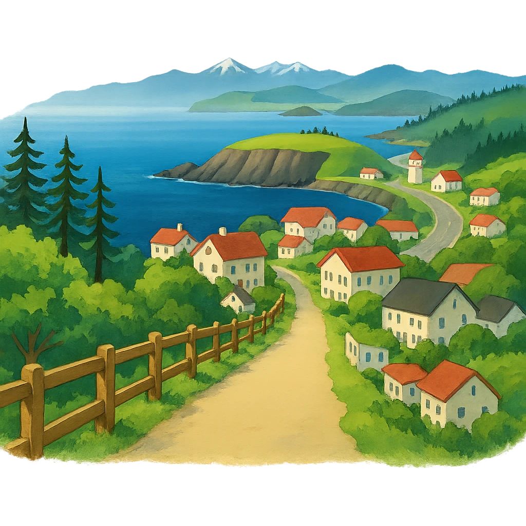 Edit the image to depict Port Angeles Washington town with a walking trail in Ghibli style, no frame, transparent background. emoji