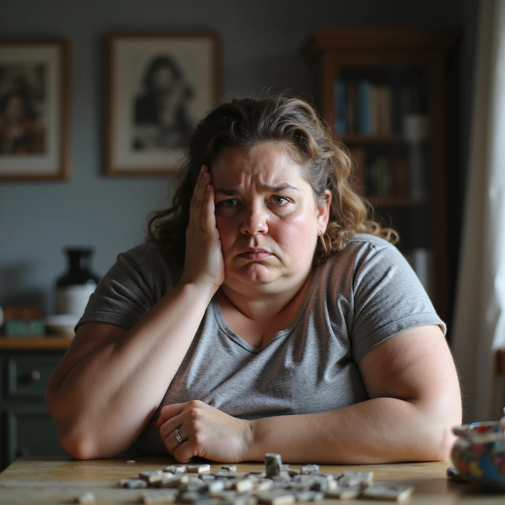 obese woman struggling to solve a puzzle or logic game, frustrated and confused expression, home environment, hyperrealistic 4K details, signs of cognitive slowing emoji