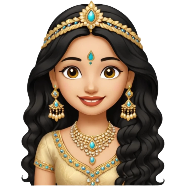 a pretty bratz fair indian girl wearing an indian wedding outfit,  golden jewellery, black wavy hair emoji