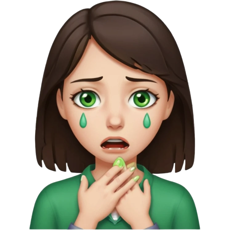 Brunette girl with green eyes choking herself emoji
