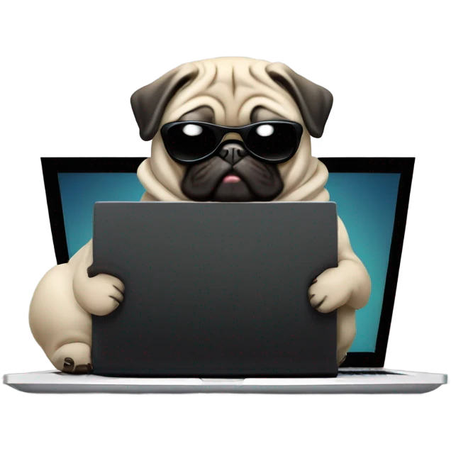 Pug wearing a black hoodie and using a laptop and wearing sunglasses emoji