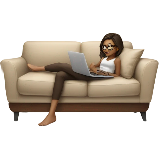 brunette girl laying on a cream colored couch with brown pillows with glasses on and a laptop on small table in front with coffee cup on mouse pad emoji
