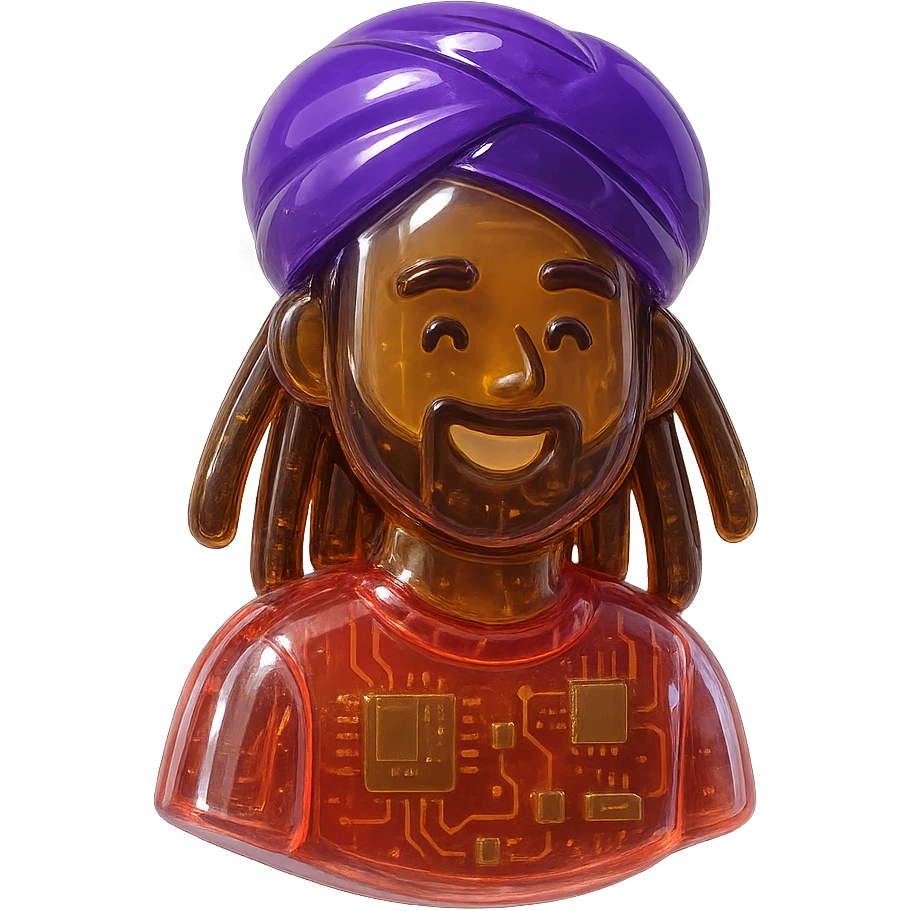 Brownskin man with long brown dreadlocks 
red t-shirt 
purple turban 
expression is happy emoji
