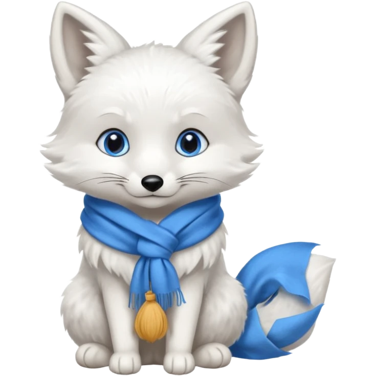 a white fox with blue eyes wearing a blue scarf in a sitting pose emoji