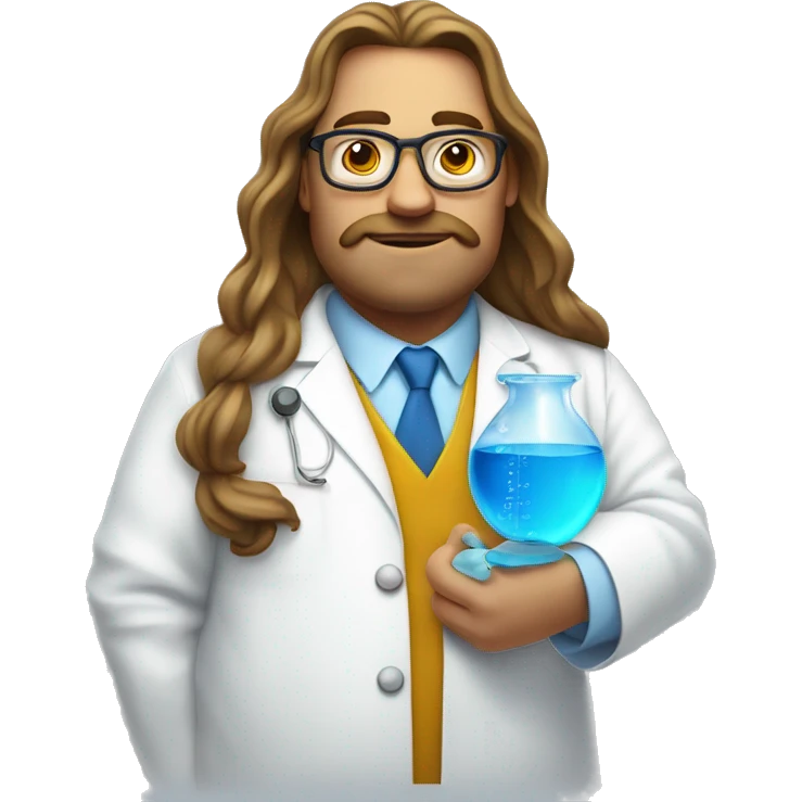 a fat chemist in a white coat with long wavy hair holding a beaker with bright blue liquid emoji