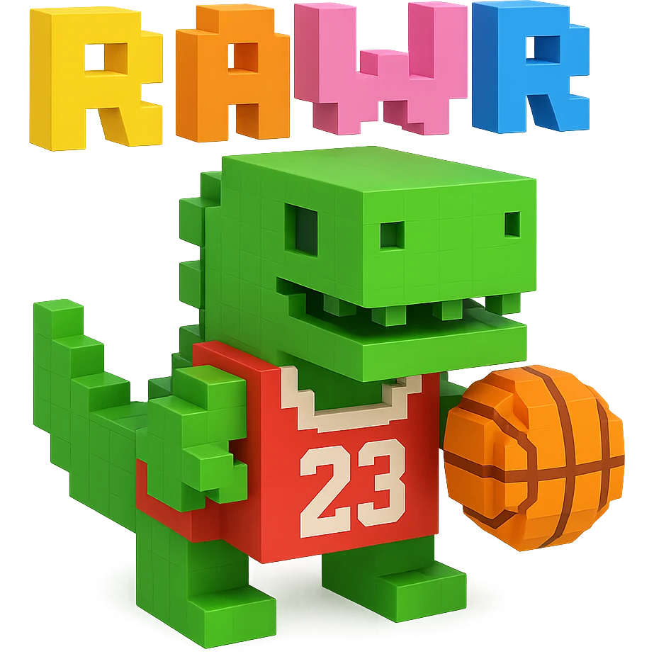 надпись "RAWR" и динозавр с баскетбольном мячом в майке с надписью "23", no background emoji