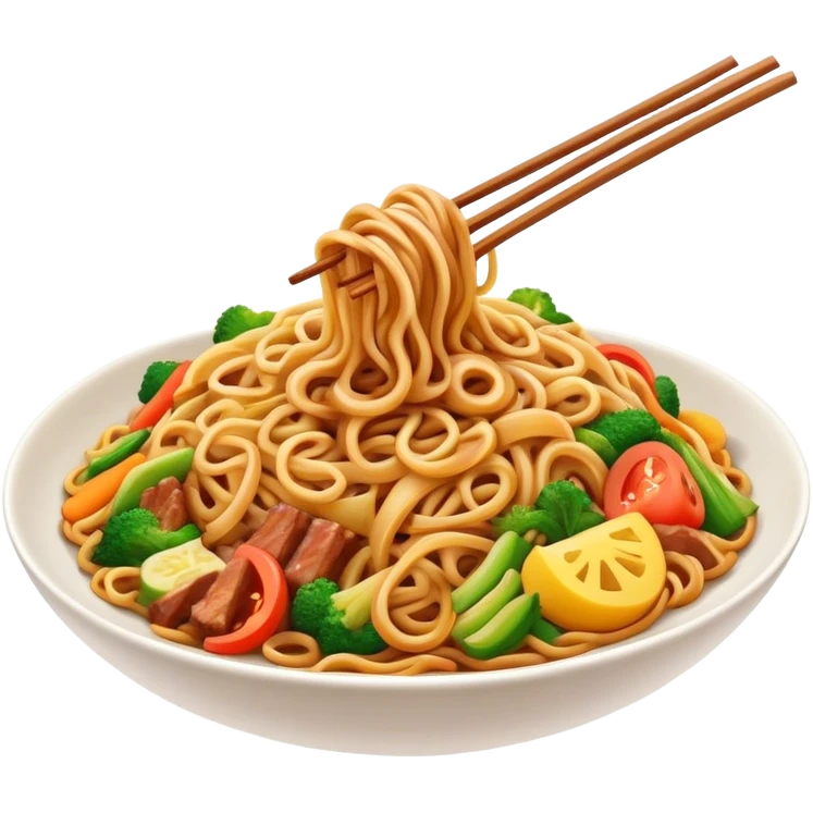 Cinematic Realistic Mie Goreng Dish Emoji, featuring stir‚Äêfried noodles with vegetables and meat rendered with dynamic textures and warm, appetizing lighting. emoji