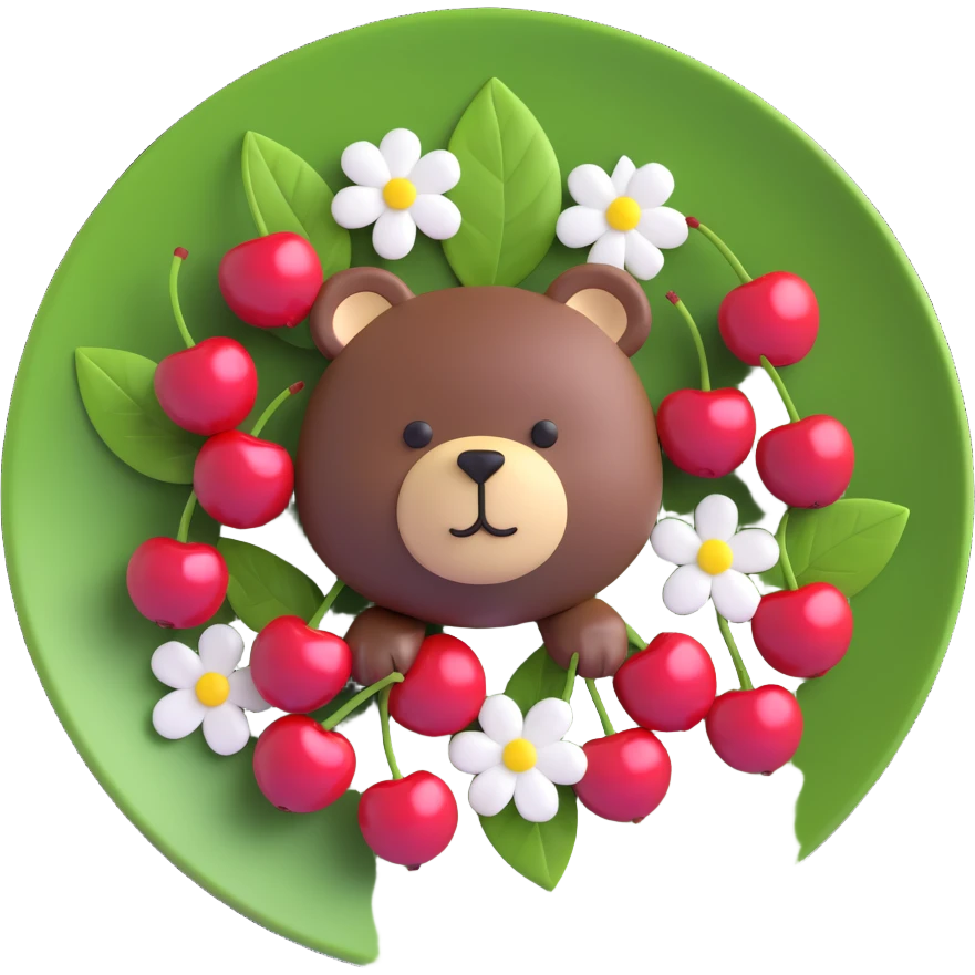 3D iOS-style illustration of cute cherries and bear-shaped cherries on a plate, surrounded by small white flowers and green leaves, with a soft, playful, and glossy look, warm inviting color palette, smooth rounded Apple emoji-like finish emoji
