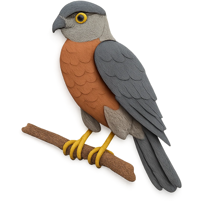 Cooper’s Hawk on a branch, layered paper details, sharp talons, expressive yellow eyes, gray and rufous plumage, naturalistic pose emoji