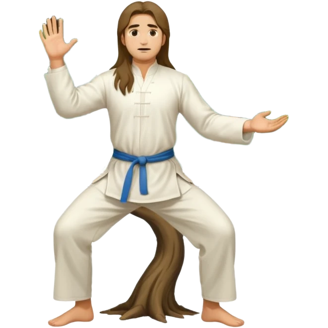 pratiquant de qi gong, homme aux cheveux long, en position de l'arbre, en tenue noire ou blanche emoji