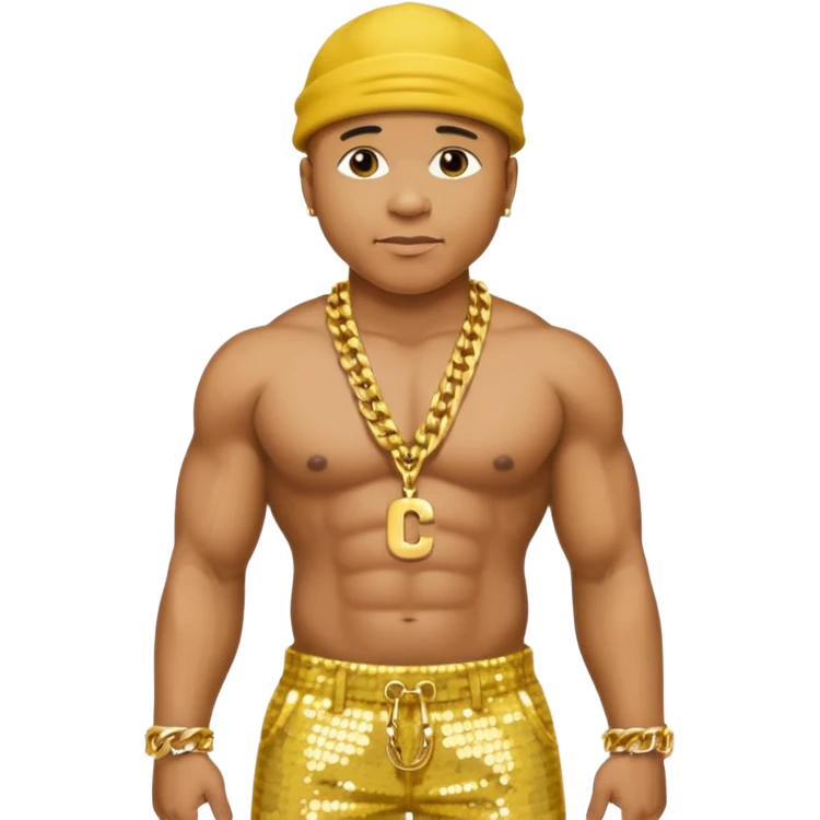 LL Cool J with yellow sequin baggy pants, shirtless with necklace emoji
