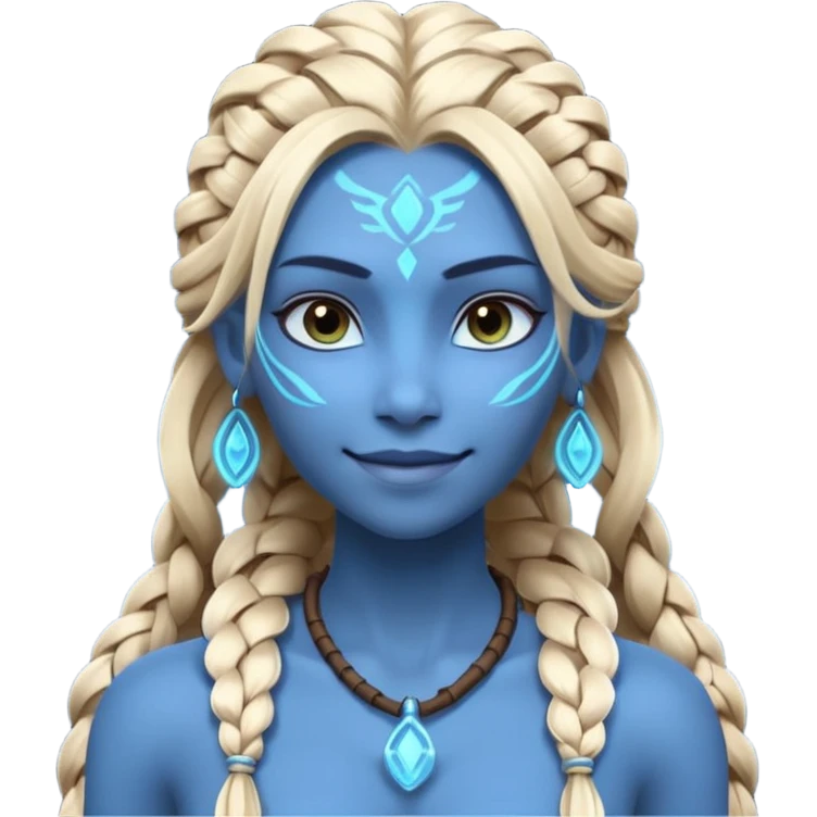avatar-style Na’vi female portrait, head and shoulders only, blue skin, glowing bioluminescent markings, long braided hair, subtle tribal jewelry, confident smile, 3D cartoon, mobile game icon style, clean background, no text, no watermark
 emoji