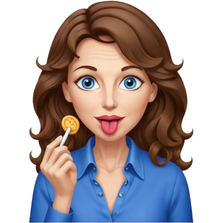 Extra Long wavy hair, brown hair, blue eyes Caucasian, age 50, sexy clothes, boobies, licking emoji