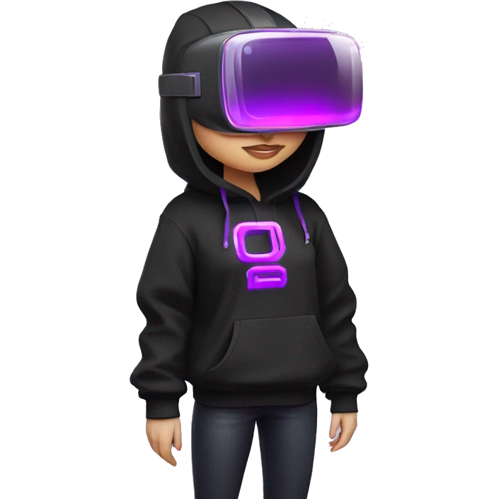 Russian girl wearing black hoody with violet letters "OMG", in vr headset. Cyberpunk style. Violet neon. emoji