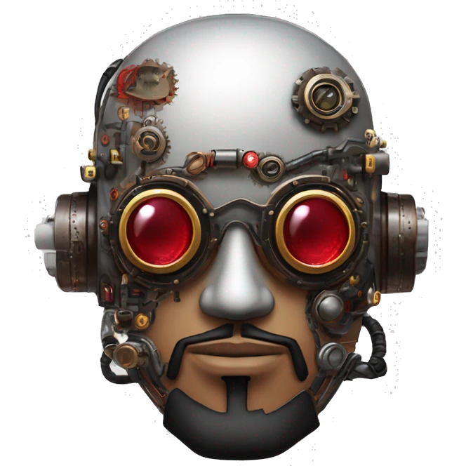 Round cyborg head with red steampunk goggles, black goatee and circuits emoji