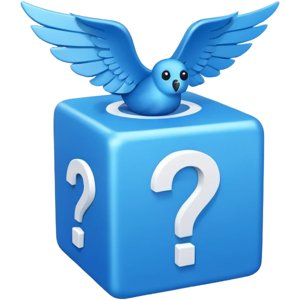 Blue cube with blue wings and has a white question mark emoji