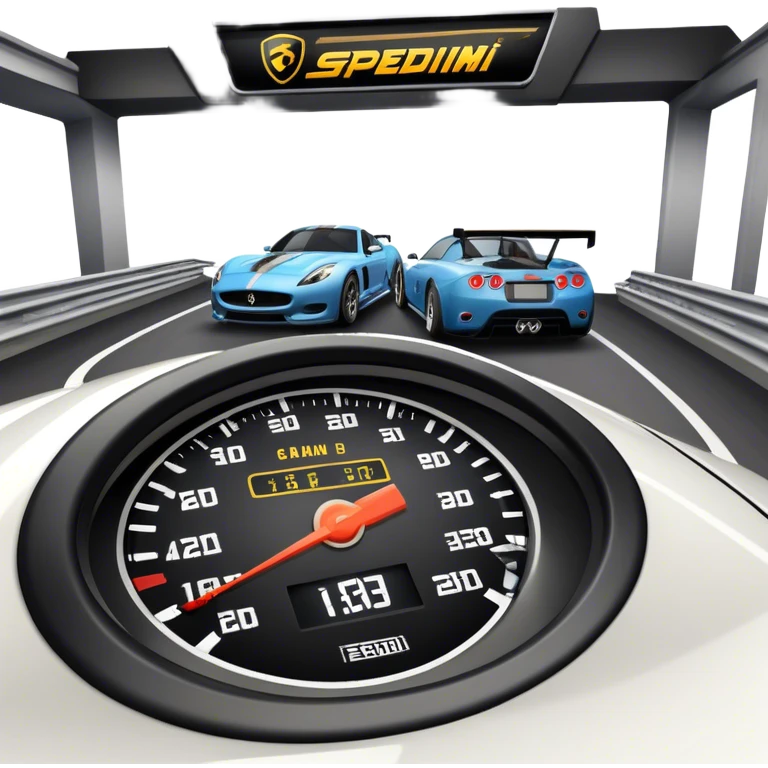 An icon showing a racing game interface, inspired by Grand Turismo. The design features a garage with a selection of high-performance cars, along with race track visuals in the background. Speedometer, lap timer, and other HUD elements add to the excitement. Transparent background emoji