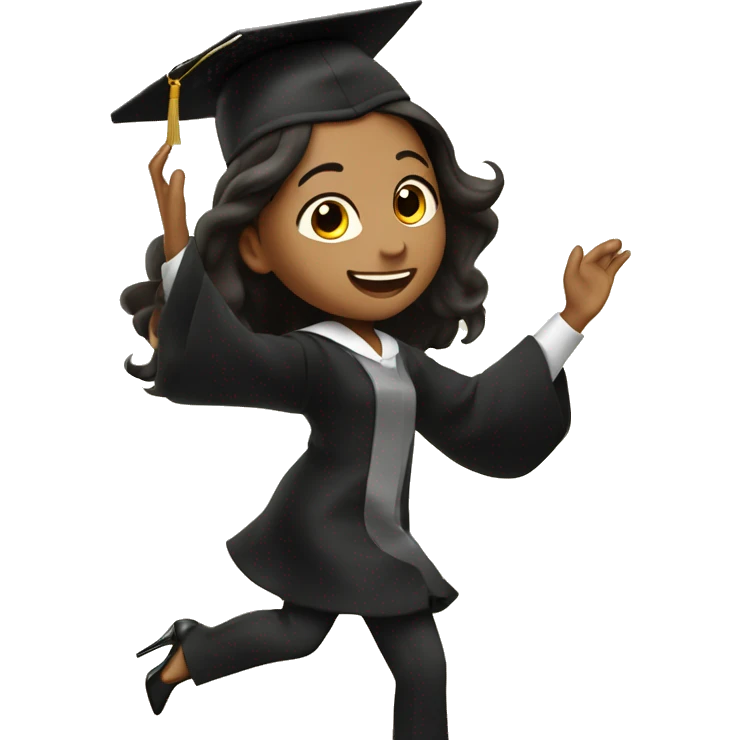 Girl with long dark brown hair, wearing black high heels, dancing celebrating graduation from cooking school emoji