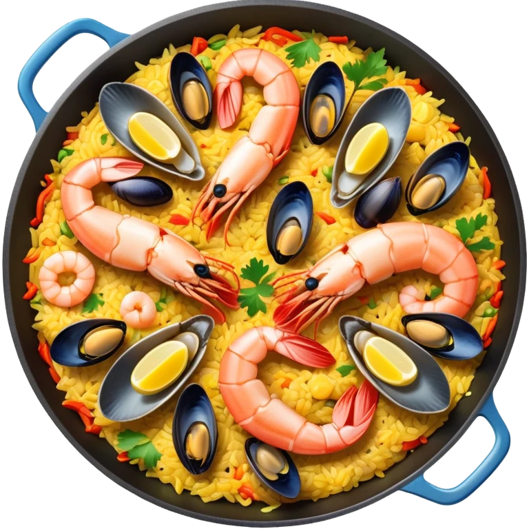 seafood paella in a pan with shrimp, mussels, rice, and saffron emoji